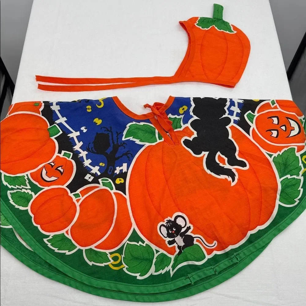 Halloween Pumpkin Patch Costume Vintage Handsewn Homemade Skirt/Cape Bonnet Cute